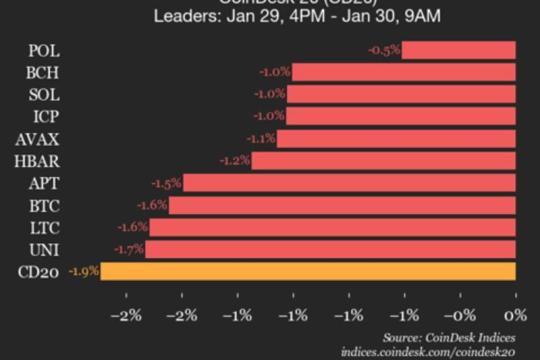 CoinDesk 20指数更新：下跌1.9%，成分资产全线走低