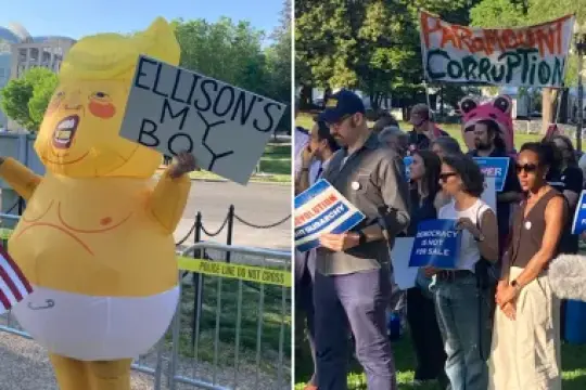 反对合并者在大卫·埃里森为特朗普白宫举办的晚宴外集会