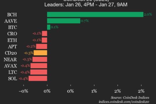 CoinDesk 20指数小幅回落，比特币现金（BCH）逆势上涨2%