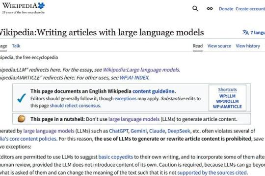 英语版 Wikipedia 明确禁止使用 LLM 生成条目正文，社区投票通过新指南