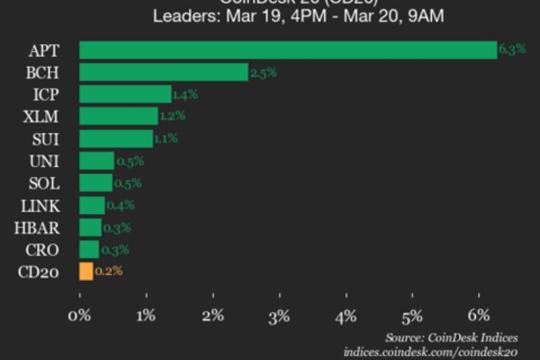 CoinDesk 20指数小幅走高：Aptos（APT）涨6.3%，比特币现金（BCH）涨2.5%