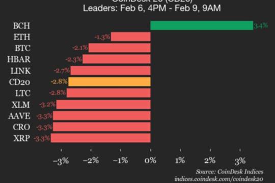 CoinDesk 20指数更新：BCH逆势上涨3.4%，指数自周五美东下午4点回落2.8%