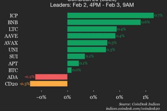 CoinDesk 20 指数小幅回落：比特币持平，HBAR 与 XLM 领跌